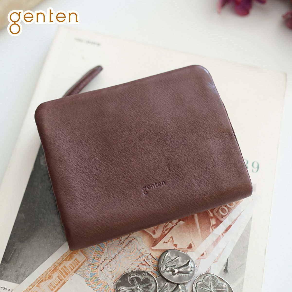 genten 二つ折り財布 gソフト ゲンテン ブラウン 財布 ソフト キャメル genten(ゲンテン) G soft（Gソフト） 小銭入れ付き二つ折り財布 40705