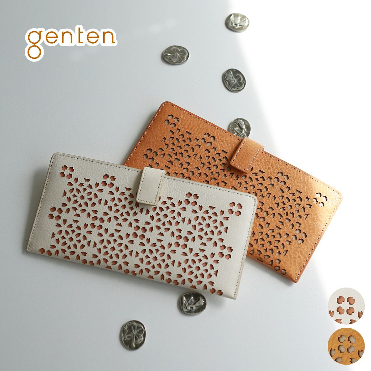 【希少】genten ゲンテン フラッターカットワーク 薄型長財布 ヌメベージュ genten ゲンテン Flutter cut work フラッターカットワーク 薄型長財布