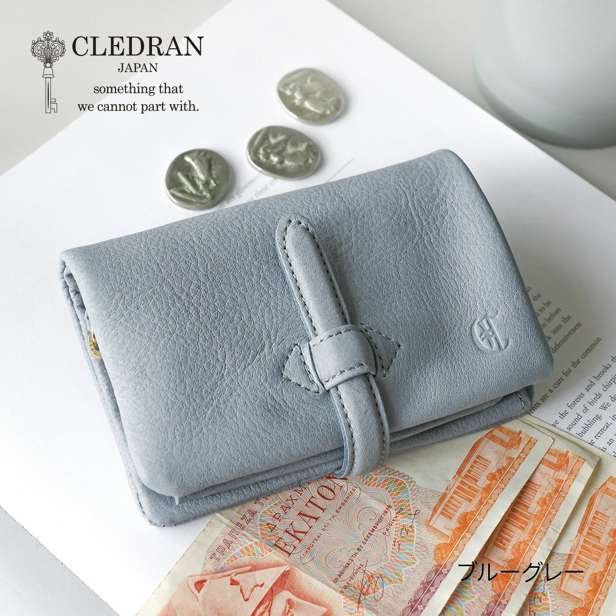 未使用 クレドラン2つ折り財布 ブルーグレー CLEDRAN クレドラン NOUVE ノーヴェ 小銭入れ付き二つ折り財布 CR