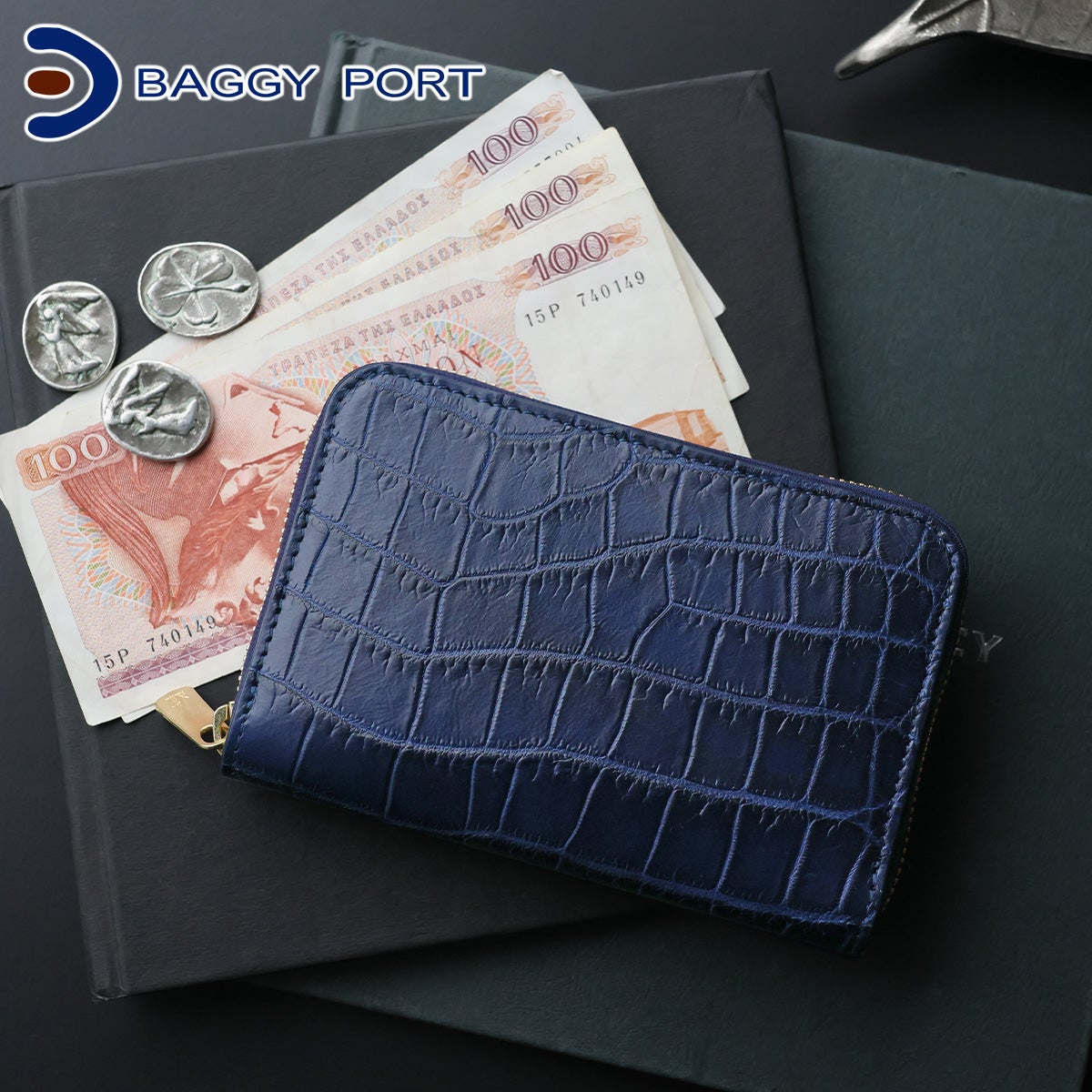 [メーカー取り寄せ商品] BAGGY PORT バギーポート 本藍染めクロコレザー 小銭入れ付き二つ折り財布（ラウンドファスナー式 ） ZWL-8001